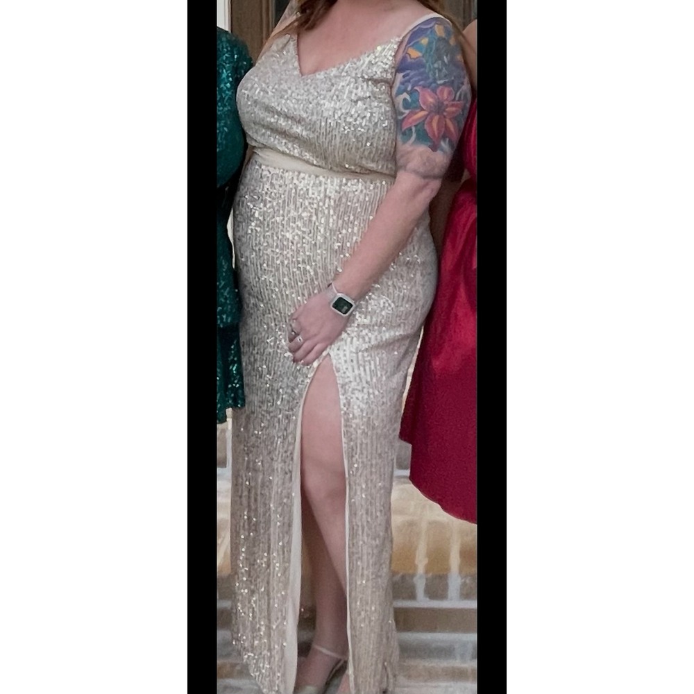 Premier Amour Sequin Gown Champagne Gold V-Neck Slit Formal Dress Plus Size 18